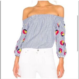 Tanya Taylor Top Blue White Stripe Colorful Michele 3D Sleeve Embroidery Size 2